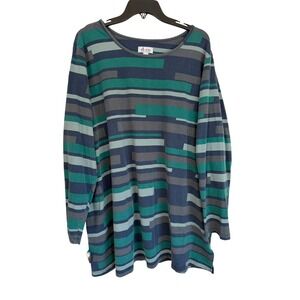 Denim & Co Blue Green Geometric Stripe Long Sleeve Tunic Top Plus Size 3X